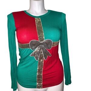 mmmmmm Sequins Bow Christmas Long-Sleeve Red and Green Shirt Size Small